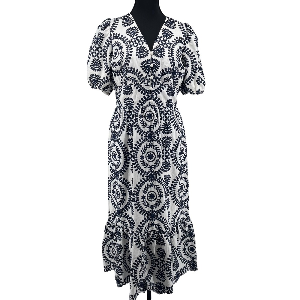 Adelyn Rae Embroidered Puff Sleeve Midi Dress Whte Navy V Neck Button Front Sz S